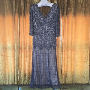 Pisarro Nights Slate Blue Beaded Sequin Embellished Maxi Gown 16